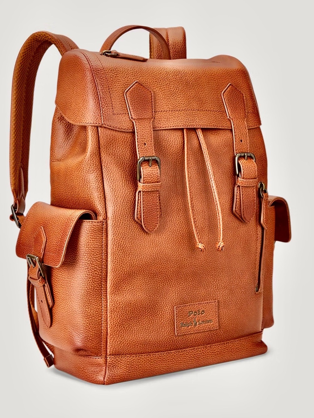 Polo by Ralph Lauren Cognac pebbled Leather Backpack very heavy bag. NWT